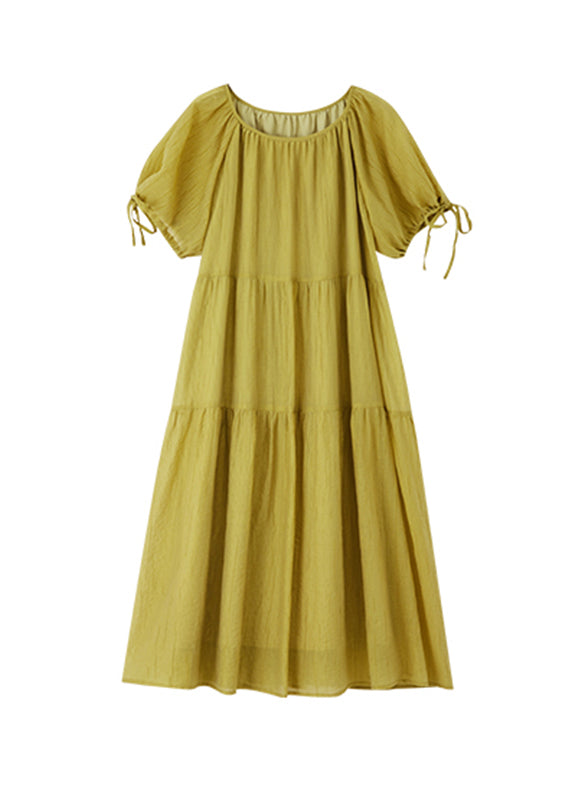 Robe longue froissée verte à manches courtes WW025