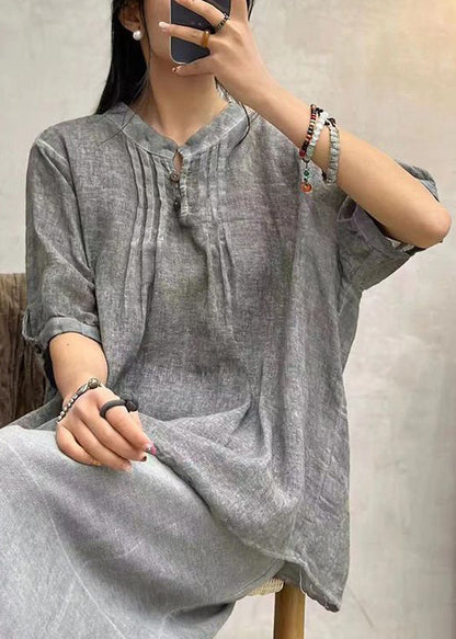 Grey Button Solid Cotton Shirts Stand Collar Half Sleeve AU1065