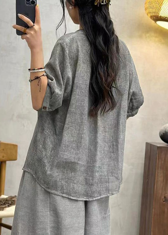 Grey Button Solid Cotton Shirts Stand Collar Half Sleeve AU1065