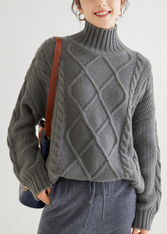 Grey Cozy Cable Cashmere Sweaters Turtleneck Spring YW045