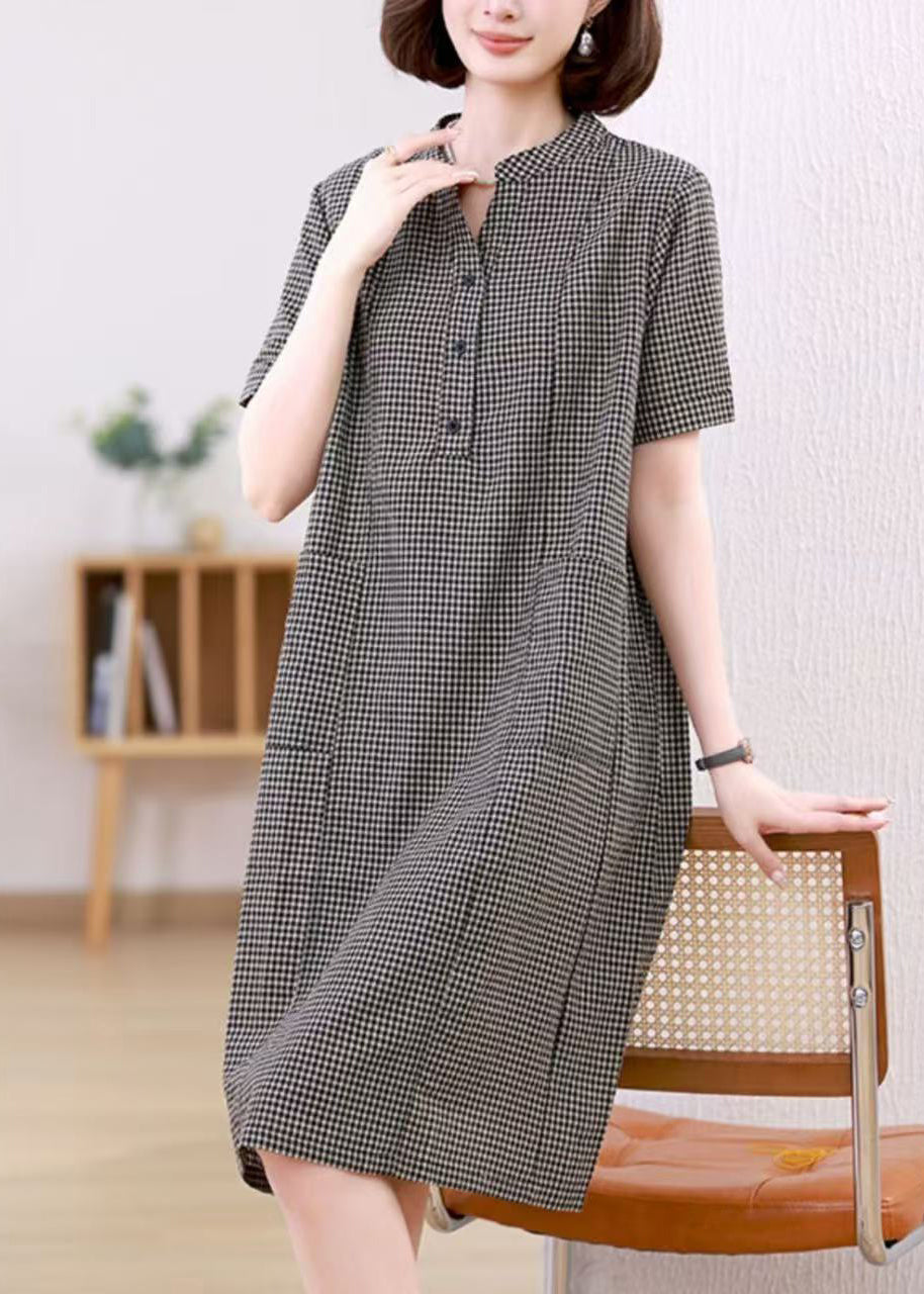 Dresses Stand Plaid Linen Collar Grey Mid Summer