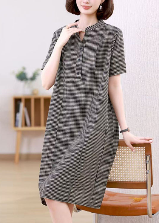 Linen Collar Summer Stand Dresses Mid Plaid Grey