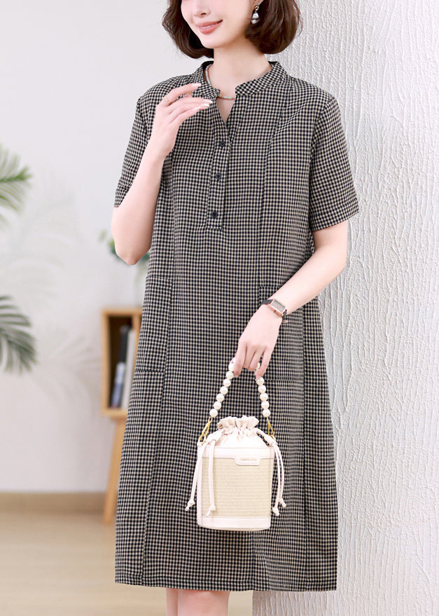 Dresses Stand Plaid Linen Collar Grey Mid Summer