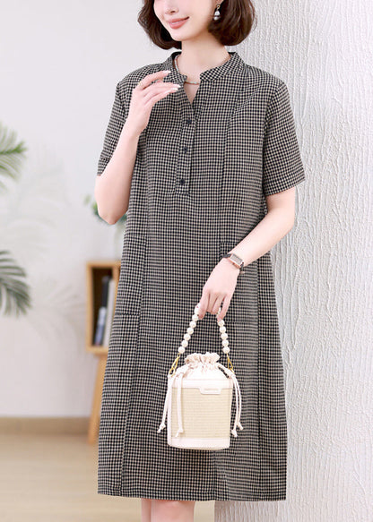 Linen Collar Summer Stand Dresses Mid Plaid Grey