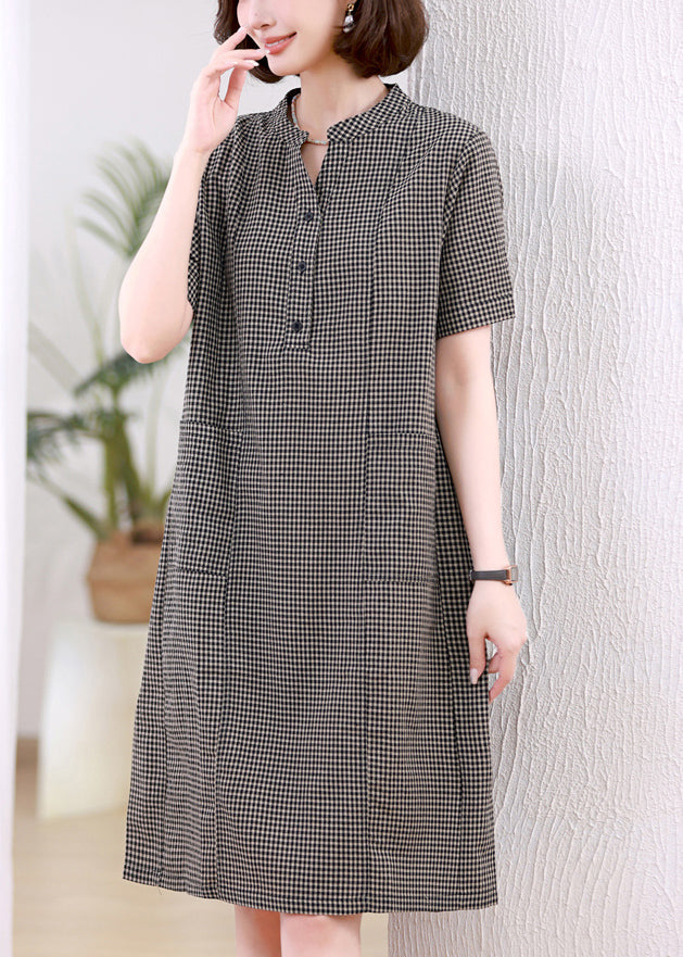 Dresses Stand Plaid Linen Collar Grey Mid Summer