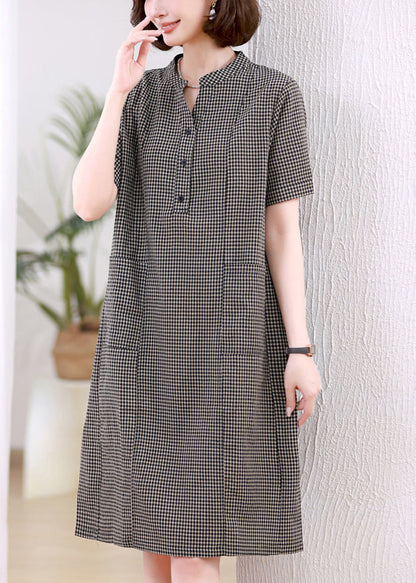 Dresses Stand Plaid Linen Collar Grey Mid Summer