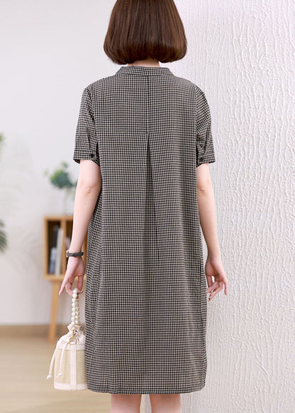Dresses Stand Plaid Linen Collar Grey Mid Summer