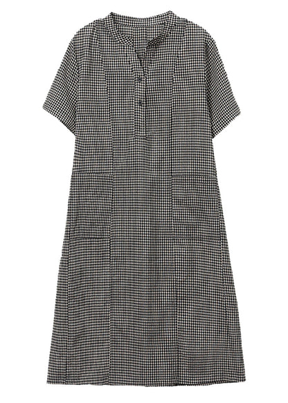 Dresses Stand Plaid Linen Collar Grey Mid Summer