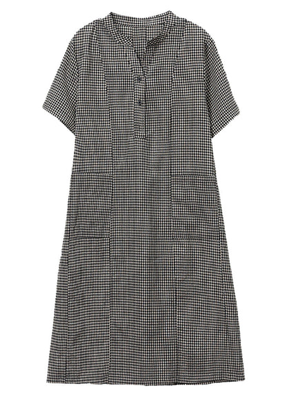 Linen Collar Summer Stand Dresses Mid Plaid Grey