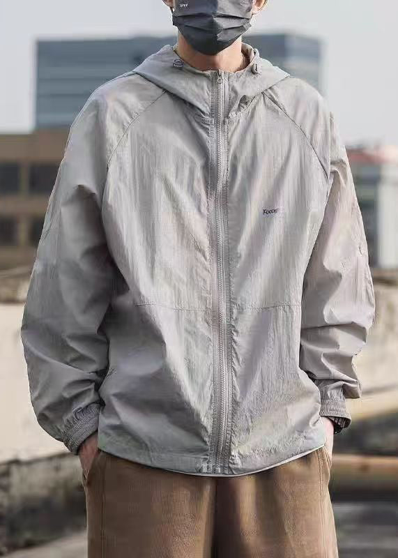 Pockets Summer Mens Hooded Drawstring Coat 50+ Grey UPF