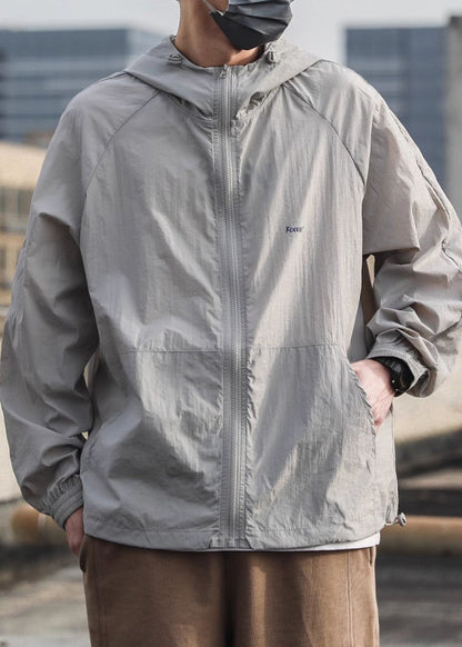 Pockets Summer Mens Hooded Drawstring Coat 50+ Grey UPF