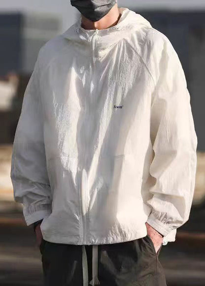 Pockets Summer Mens Hooded Drawstring Coat 50+ Grey UPF