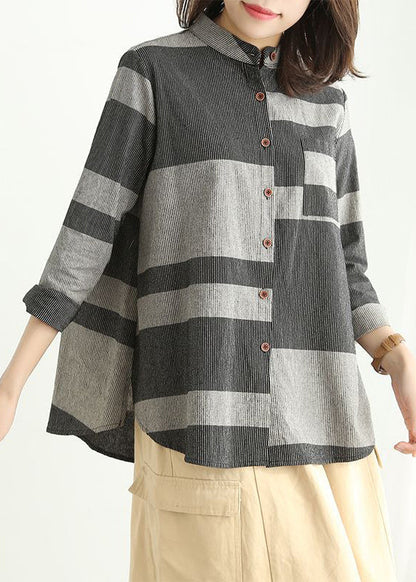 Grey Pockets Patchwork Cotton Shirt Stand Collar Spring VV087