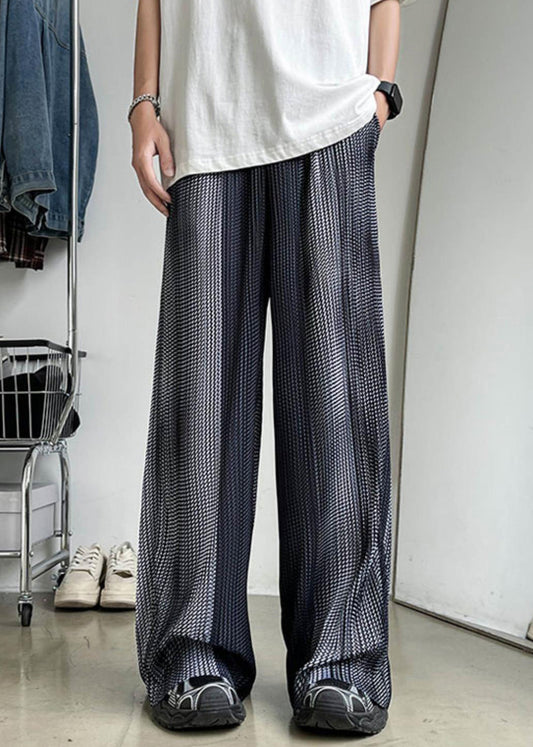 Summer Silk Elastic Grey Patchwork Waist Pants Pockets Men Ice