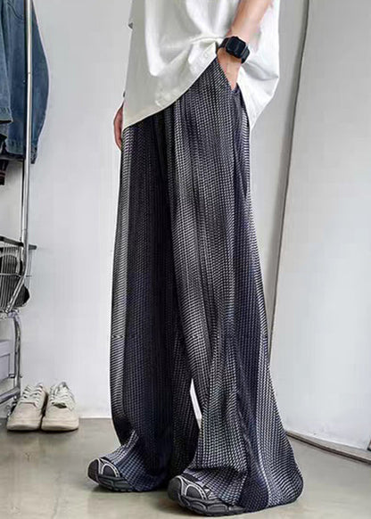 Summer Silk Elastic Grey Patchwork Waist Pants Pockets Men Ice