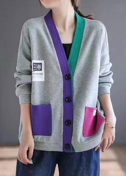 Cardigans Cotton V Spring Patchwork Pockets Loose Neck Grey