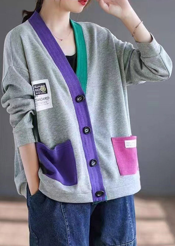 Cardigans Cotton V Spring Patchwork Pockets Loose Neck Grey