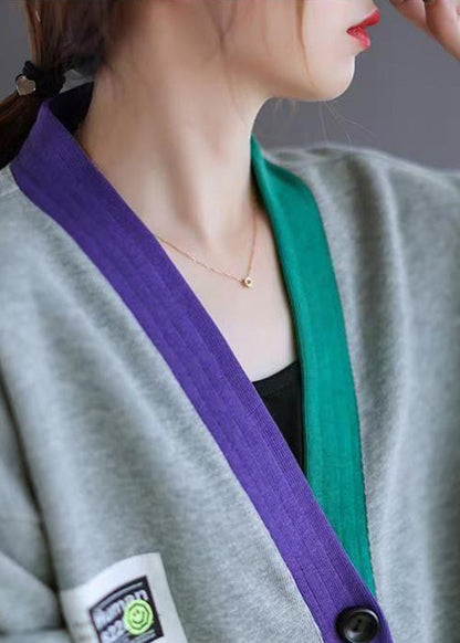 Cardigans Cotton V Spring Patchwork Pockets Loose Neck Grey