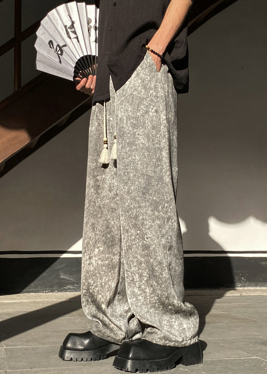 Pockets Waist Wide Elastic Leg Silk Grey Pants Mens