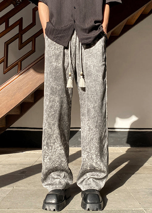 Pockets Waist Wide Elastic Leg Silk Grey Pants Mens