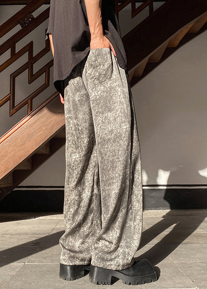 Pockets Waist Wide Elastic Leg Silk Grey Pants Mens