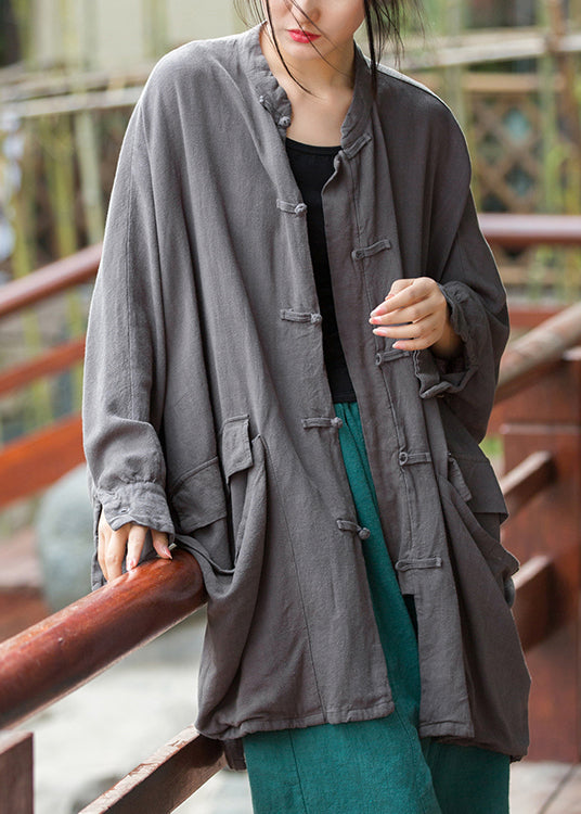 Grey Pockets Solid Linen Coats Stand Collar Fall QE036