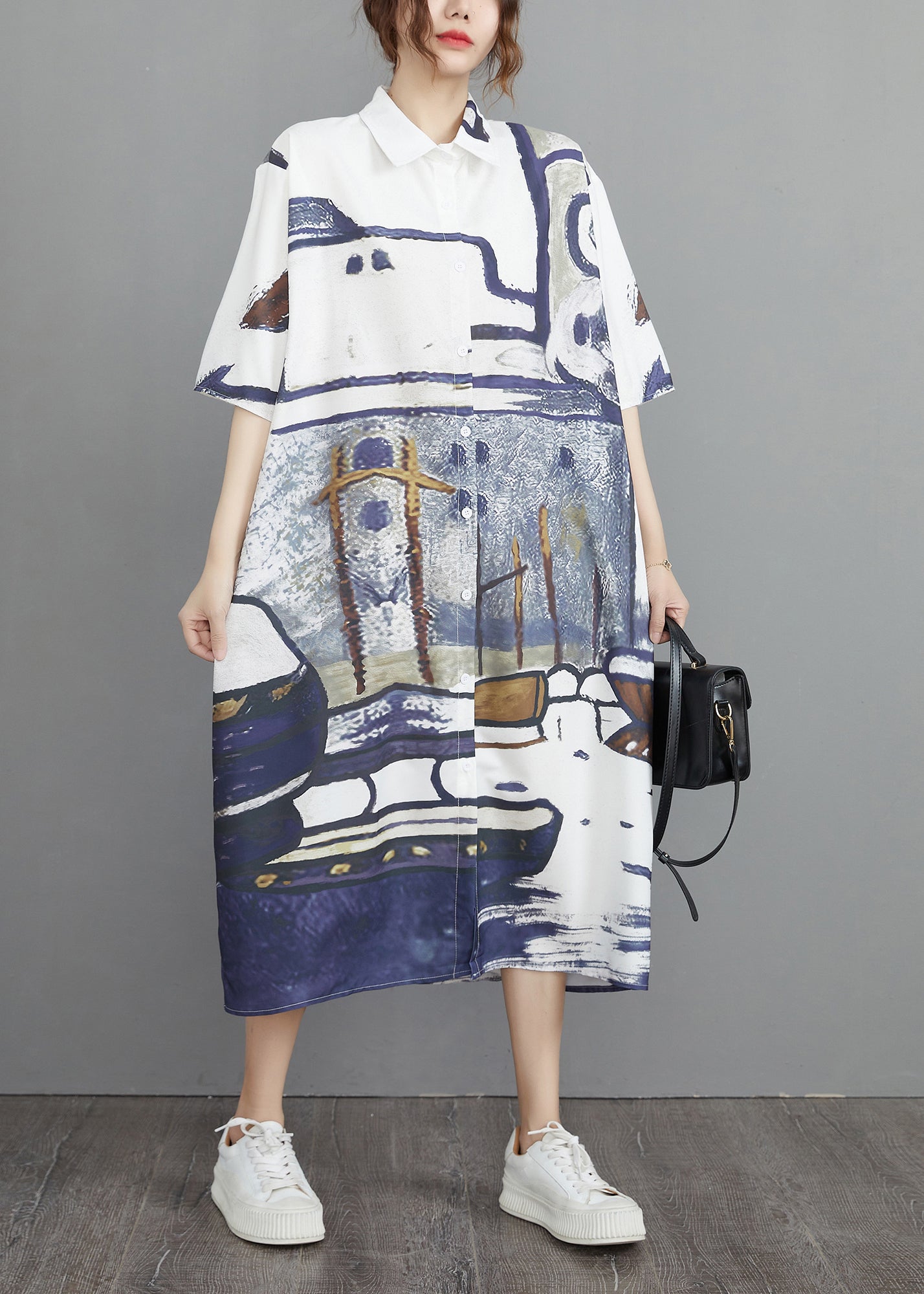 Print Summer Oversized Cotton Shirt Dresses Grey