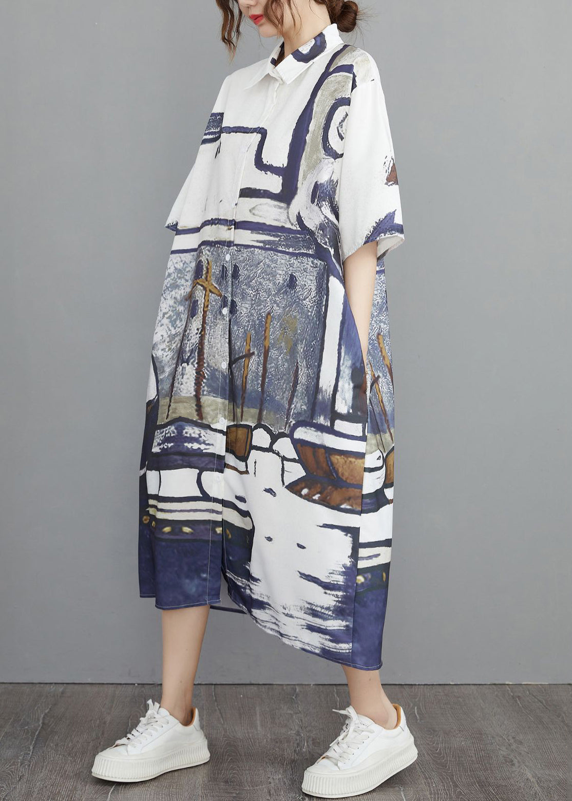 Print Summer Oversized Cotton Shirt Dresses Grey