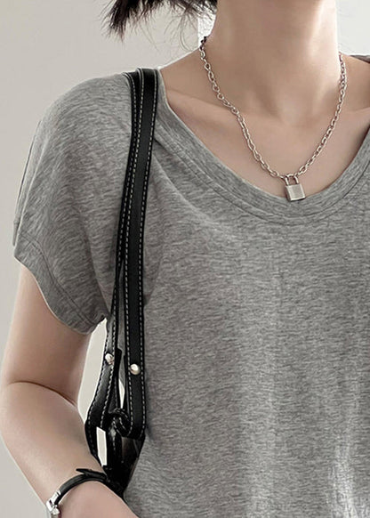 Grey Solid Cotton T Shirt Top O Neck Short Sleeve