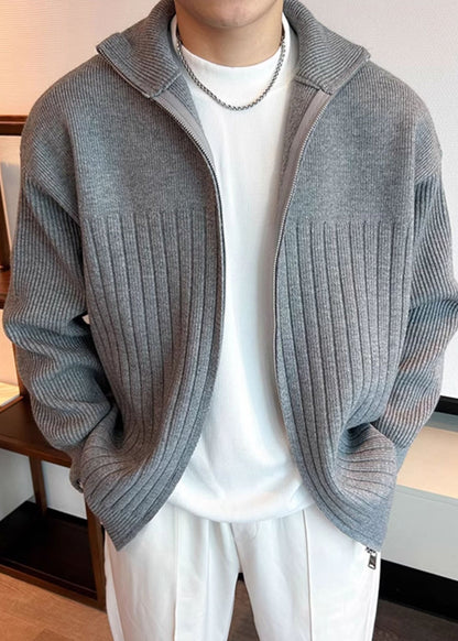 Solid Coat Spring Pan Peter Men Grey Knit Collar