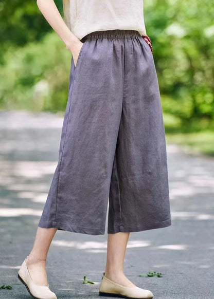 Wide Elastic Linen Summer Leg Pants Solid Waist Grey