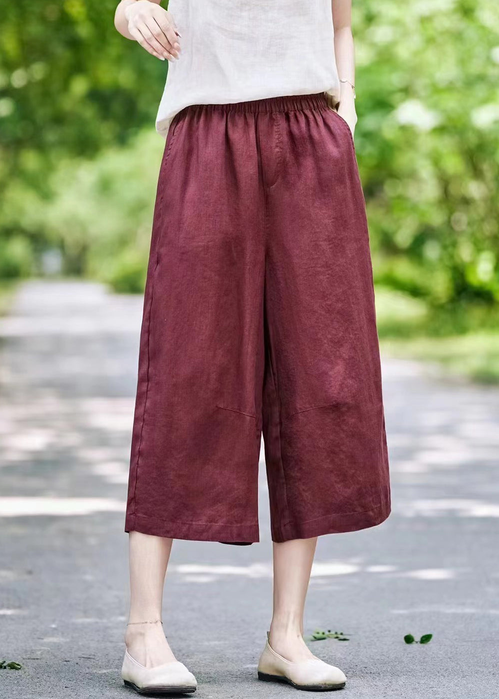 Wide Elastic Linen Summer Leg Pants Solid Waist Grey