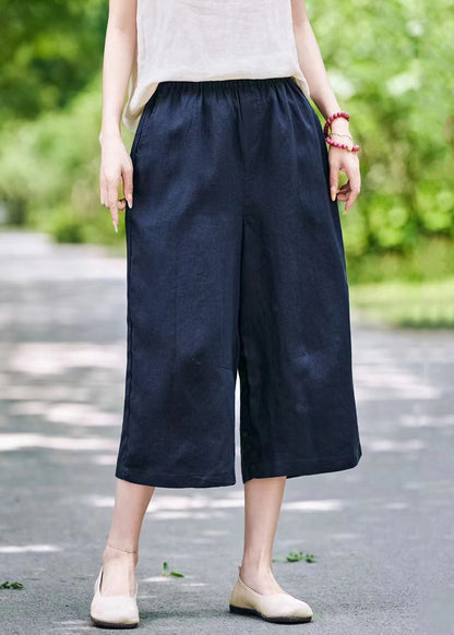Wide Elastic Linen Summer Leg Pants Solid Waist Grey