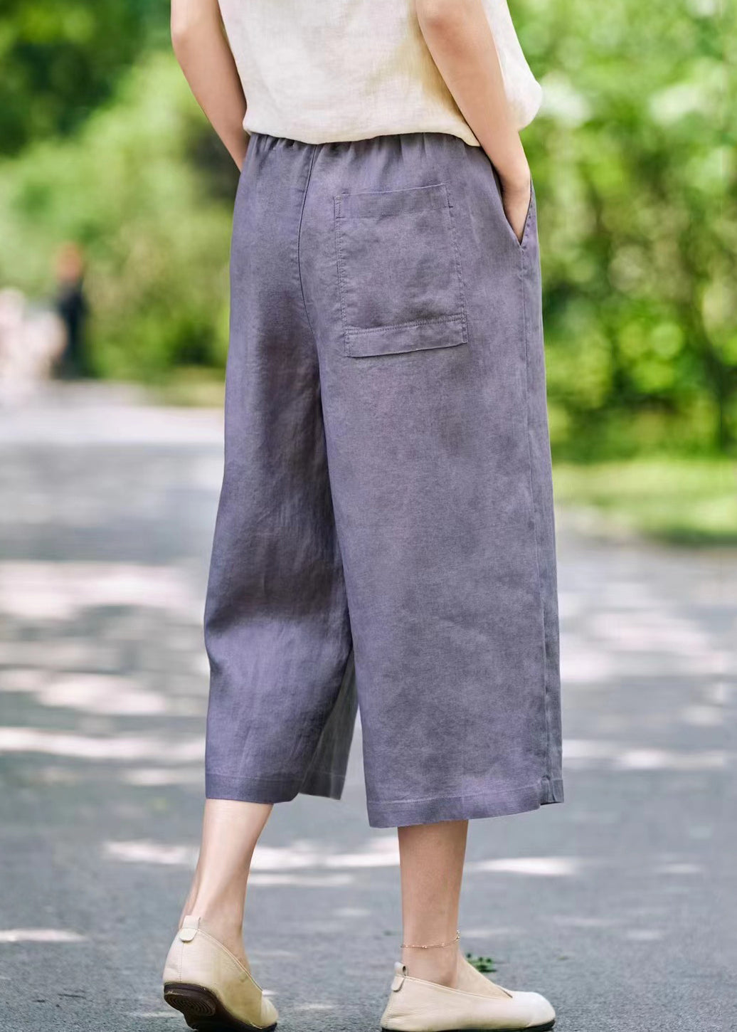 Wide Elastic Linen Summer Leg Pants Solid Waist Grey