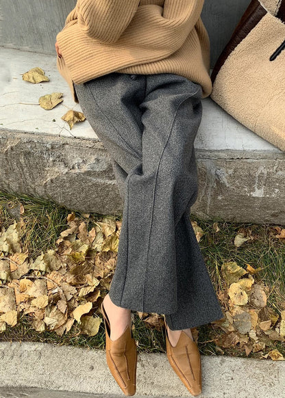 Grey Solid Pockets Woolen Pants Elastic Waist Winter RF019