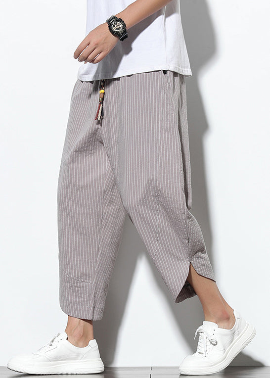 Striped Waist Grey Crop Summer Pockets Men Pants Cotton Elastic