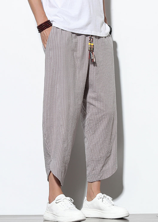 Striped Waist Grey Crop Summer Pockets Men Pants Cotton Elastic