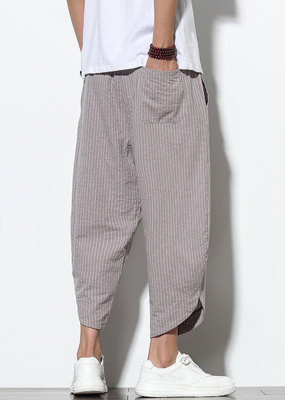 Striped Waist Grey Crop Summer Pockets Men Pants Cotton Elastic