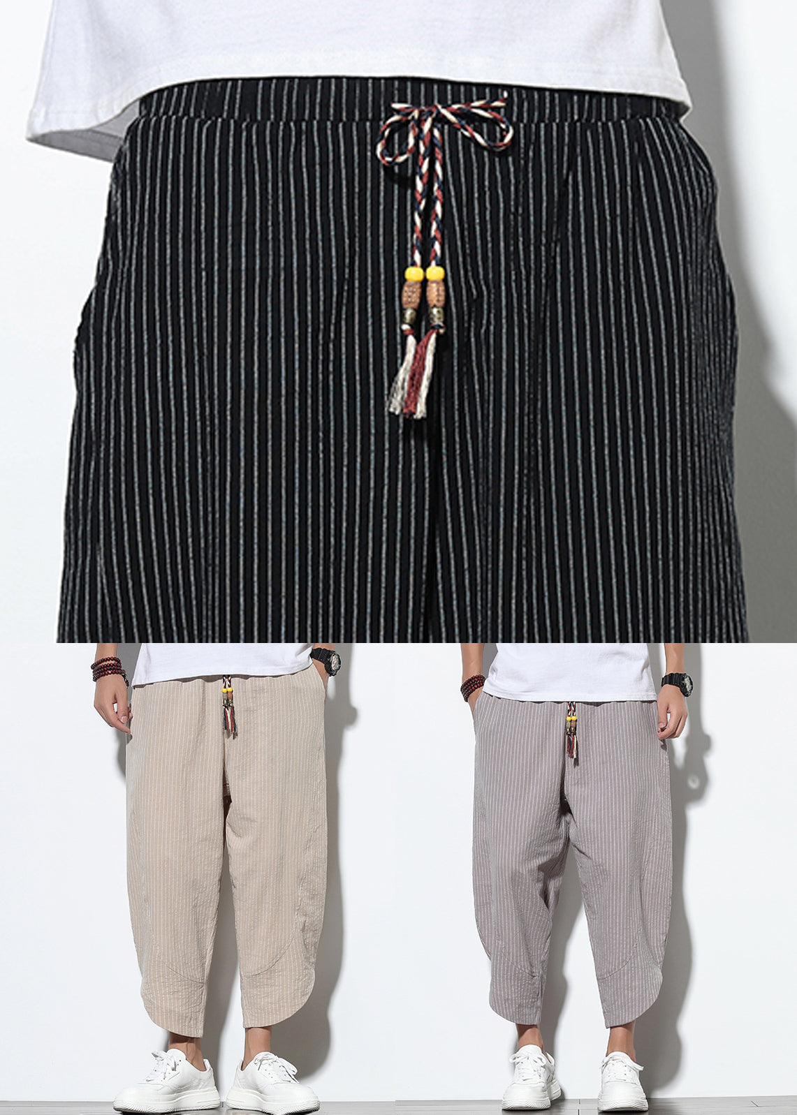 Striped Waist Grey Crop Summer Pockets Men Pants Cotton Elastic