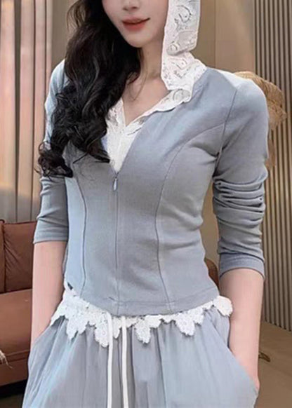 Grey Pants Set Pieces Sweatshirt And Zippered Women Two Hooded