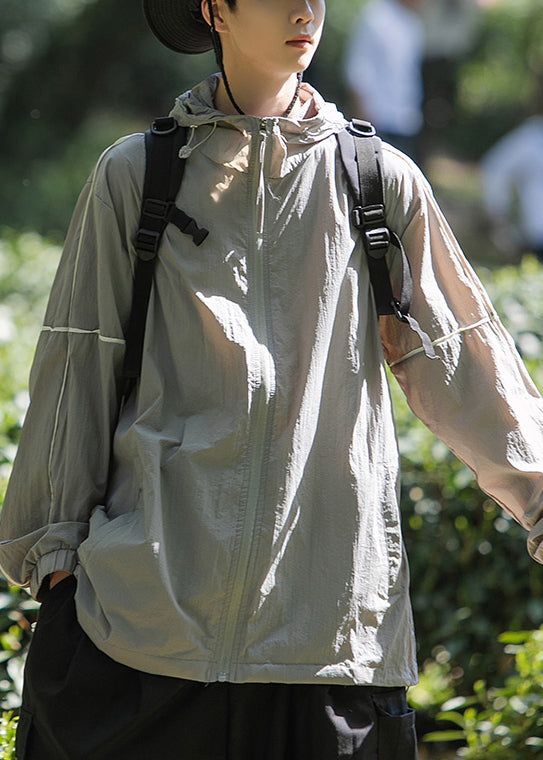 Hooded 50+ Summer UPF Zippered Ice Pockets Silk Men Grey Coat
