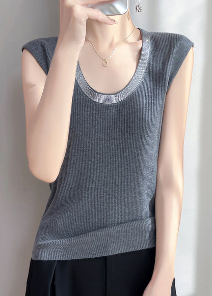 U Sleeveless Tank Knit Zircon Patchwork Neck Grey