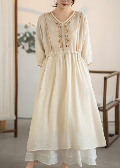 Summer Embroidered Apricot Handmade Linen Drawstring Dress