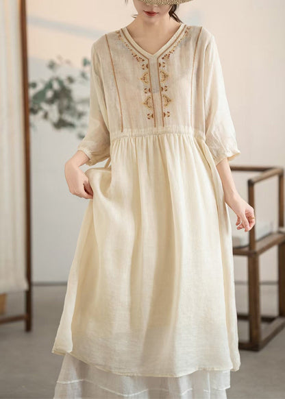 Summer Embroidered Apricot Handmade Linen Drawstring Dress