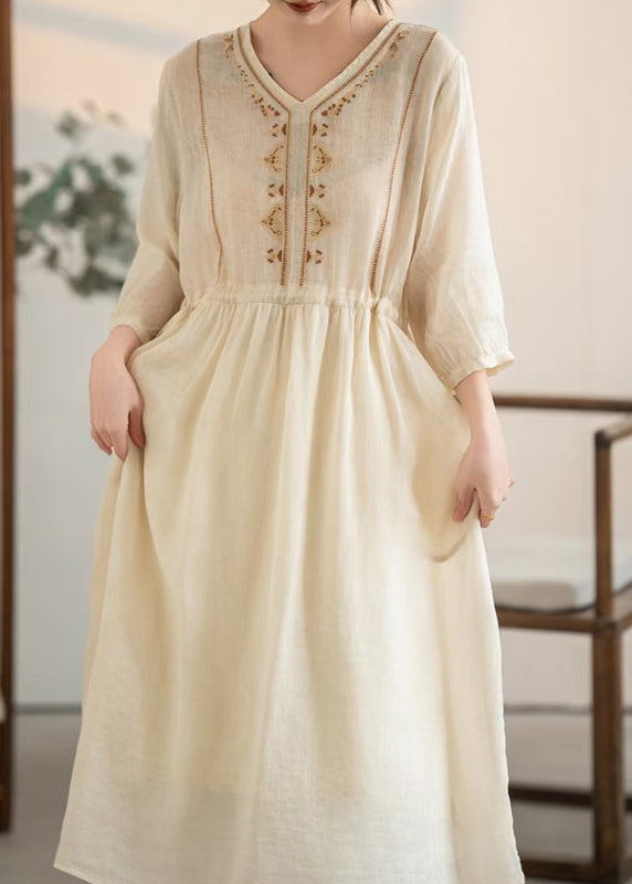 Summer Embroidered Apricot Handmade Linen Drawstring Dress