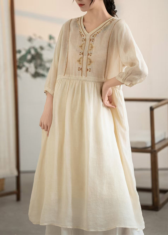 Summer Embroidered Apricot Handmade Linen Drawstring Dress
