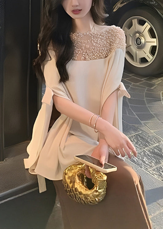 Chiffon Top Sleeved Pearl Handmade Apricot Patchwork Half Bow