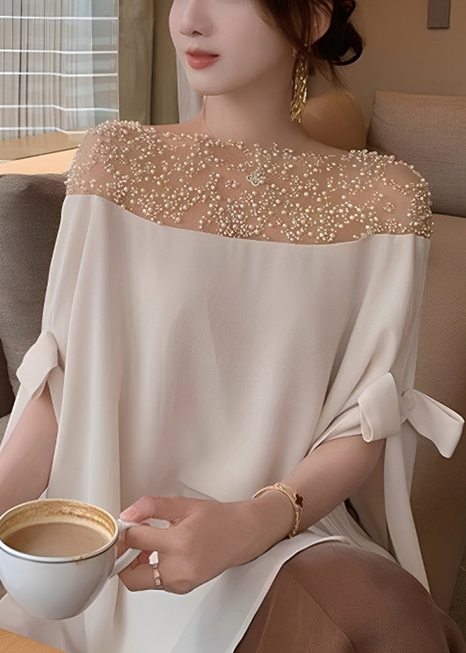 Chiffon Top Sleeved Pearl Handmade Apricot Patchwork Half Bow