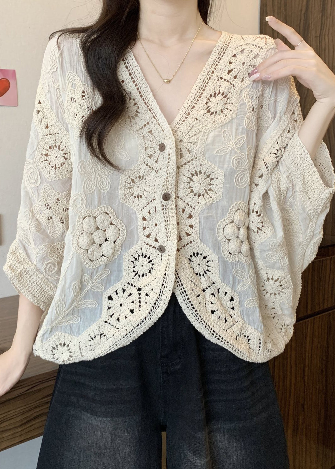Neck Apricot Cardigan V Handmade Hollow Out Spring Button