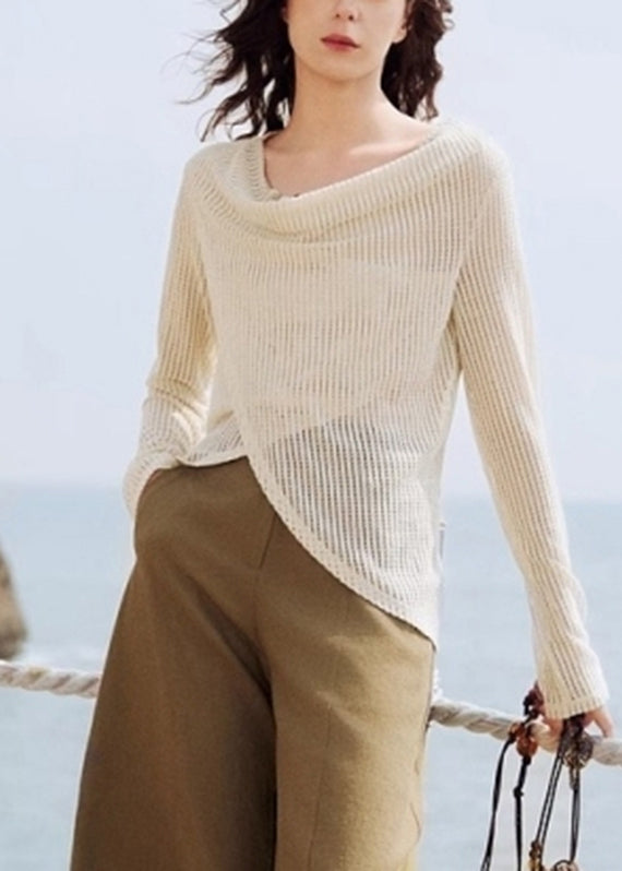 Knit Handmade Asymmetrical Silk Shirt Beige Spring Ice